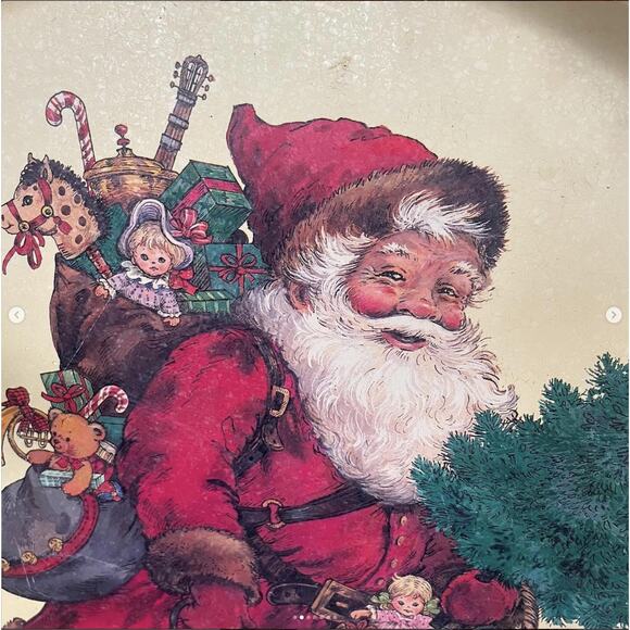 Vintage Old World Santa Tin Christmas Serving Tray Round Hong Kong 1991 - Picture 2 of 7
